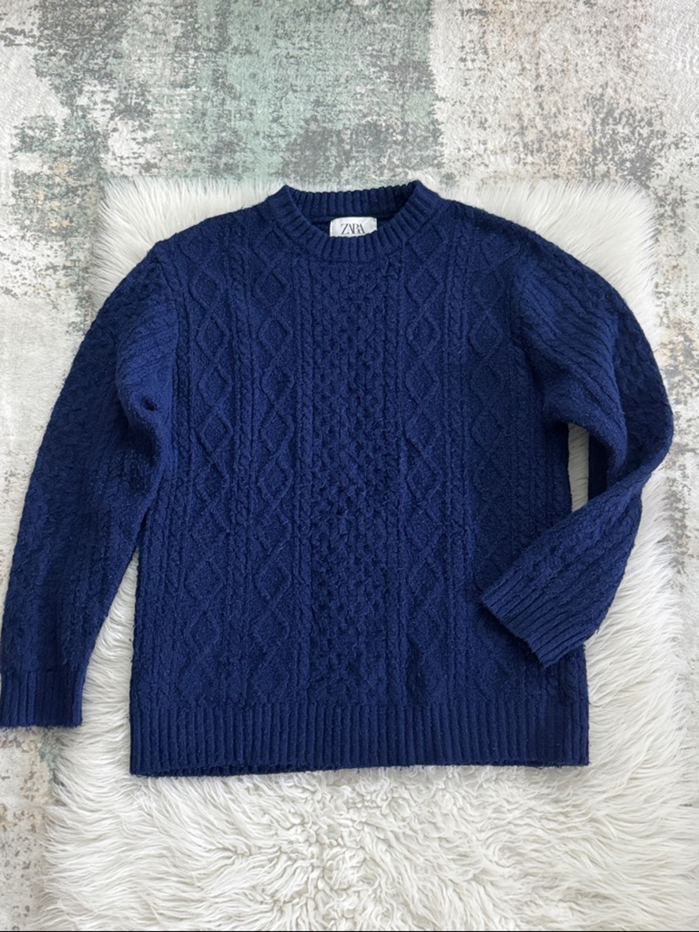Zara Men's Deep Navy Cable Crewneck Sweater